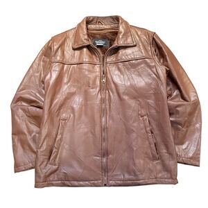 Haband Leather Jacket Mens Size M Brown Patchwork Fleece Lined Full Zip Vintage